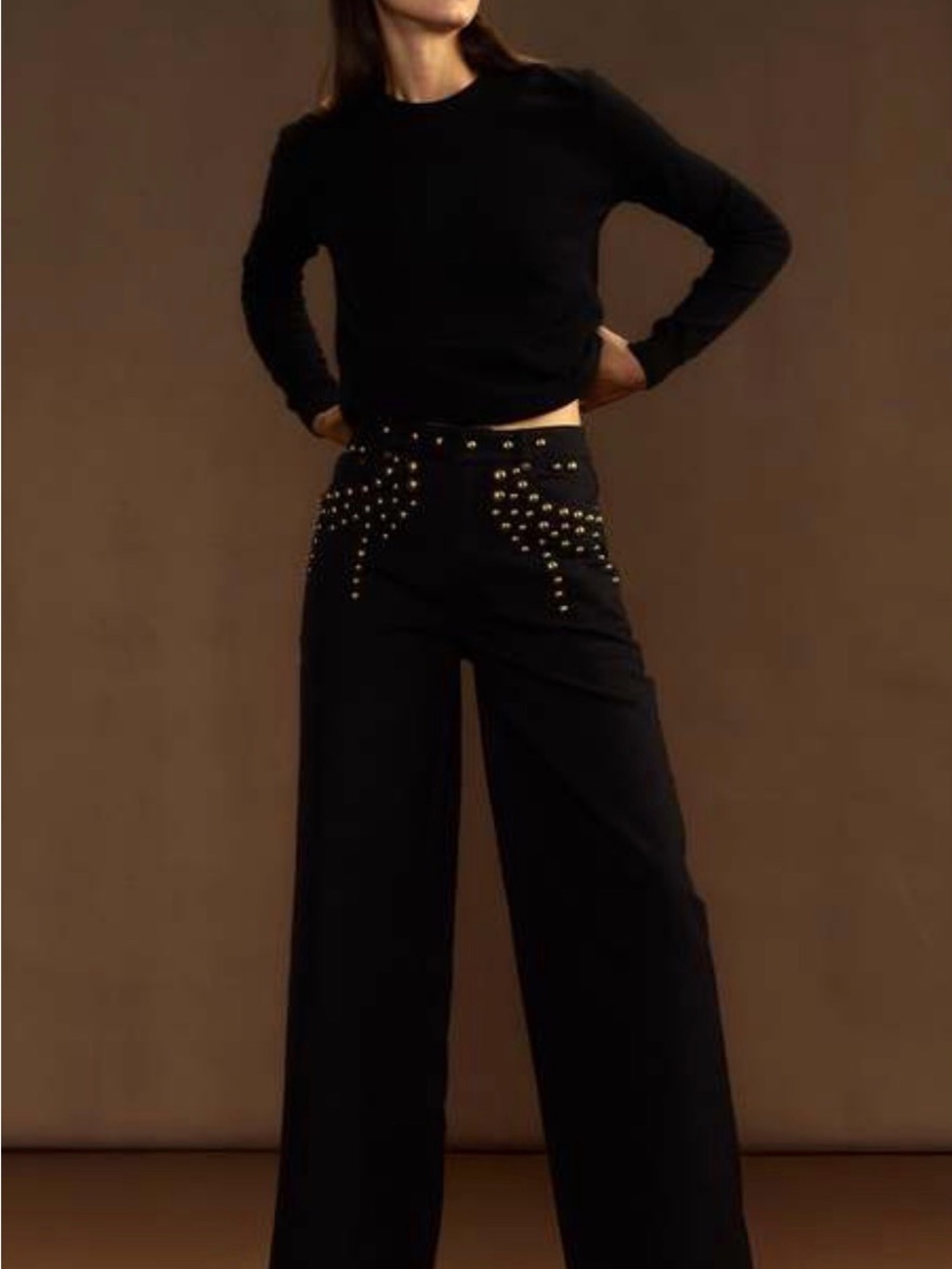 Cynthia Rowley Black Studded Denim Pants with Brass Accents